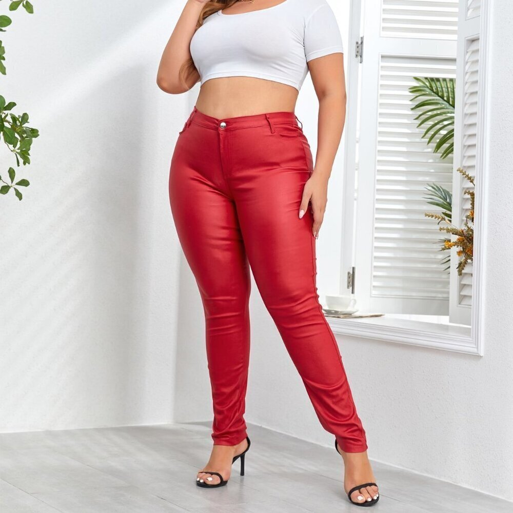 Red Casual Women's Plus Size High Waist Faux Leather Pants
